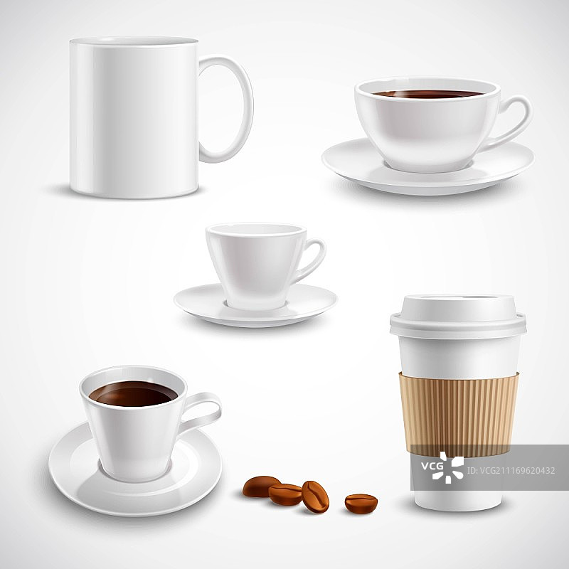 逼真咖啡套装：纸杯、瓷杯和瓷碟矢量图图片素材