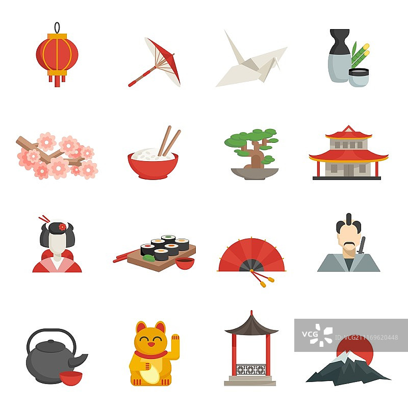 带灯笼、伞、鹤的日式扁平图标矢量图图片素材