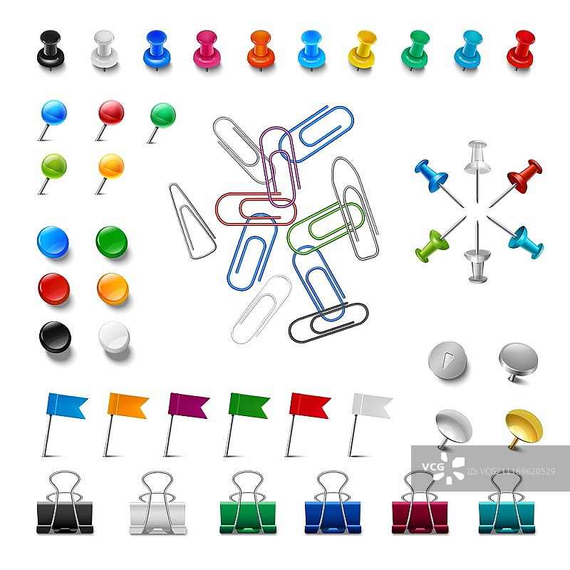 逼真的图钉和彩色回形针套装矢量插图图片素材
