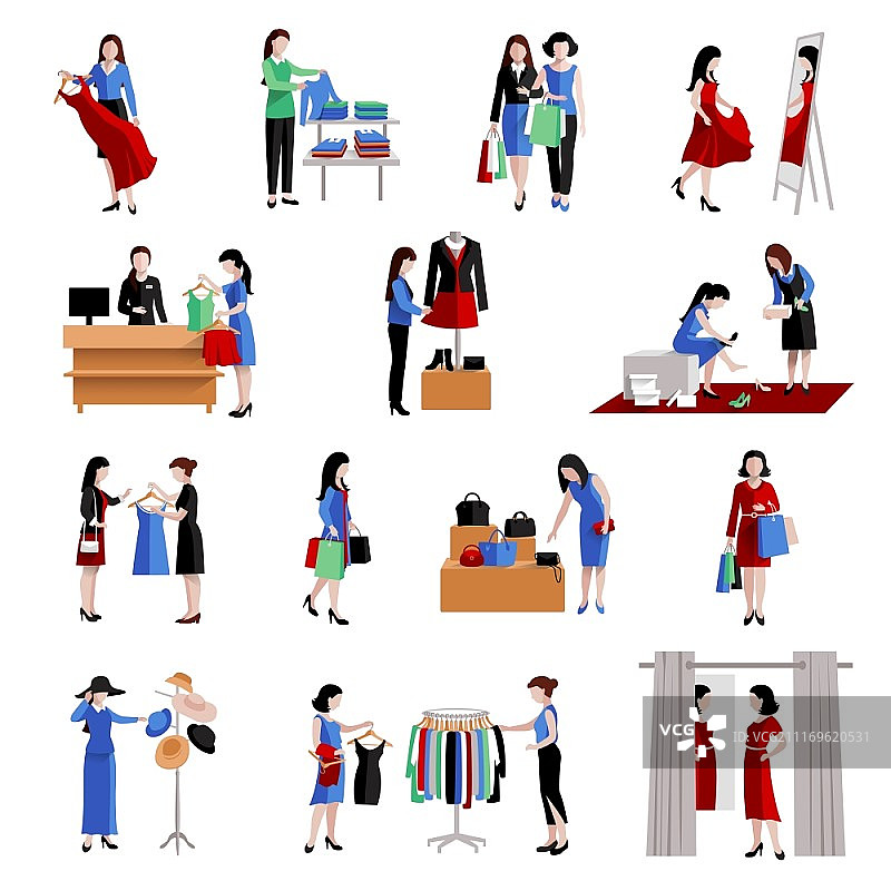 在购物中心购买时尚商品图标的女人，矢量图图片素材