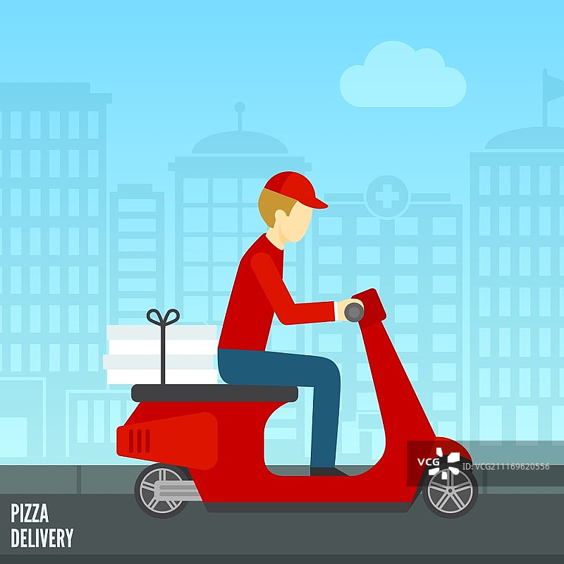 城市快递员骑摩托车送披萨图标矢量图图片素材