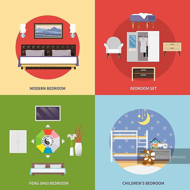现代风水儿童卧室家具设计概念，扁平图标孤立矢量图。卧室家具扁平图片素材