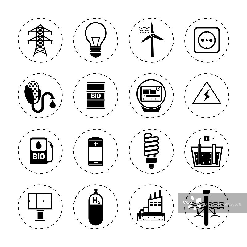 现代绿色能源产业图标黑色合集矢量插画图片素材