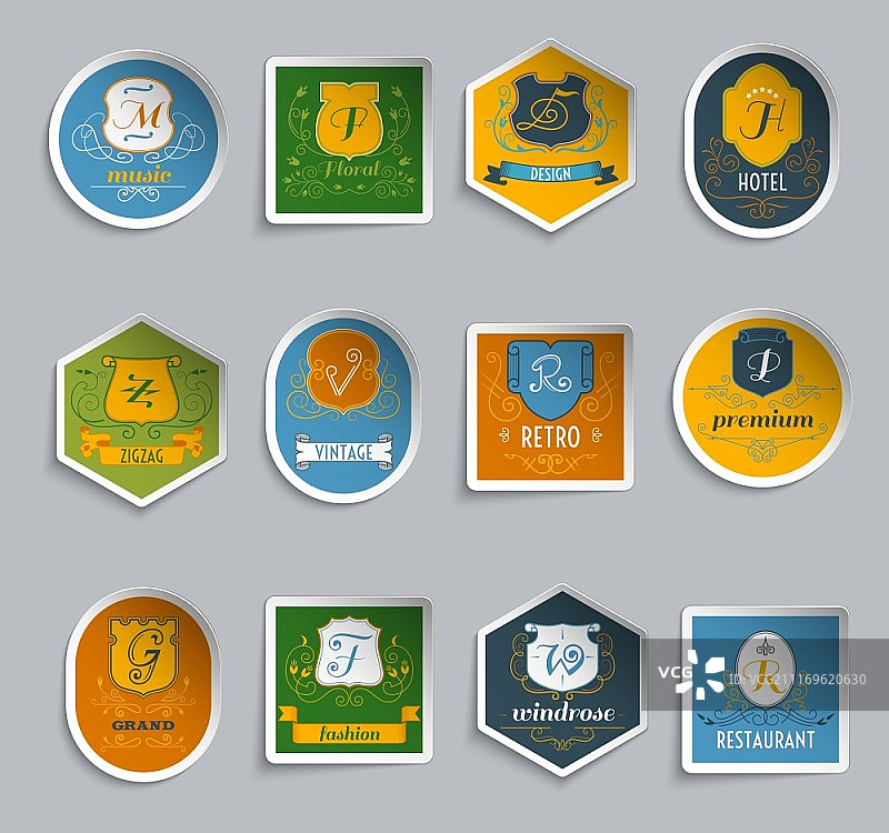 复古风首字母盾牌高级贴纸矢量图图片素材