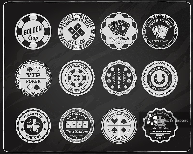 扑克黑板标签套装。德州扑克俱乐部成员室黑板标签集，用粉笔绘制四个国王的草图抽象孤立矢量插图图片素材