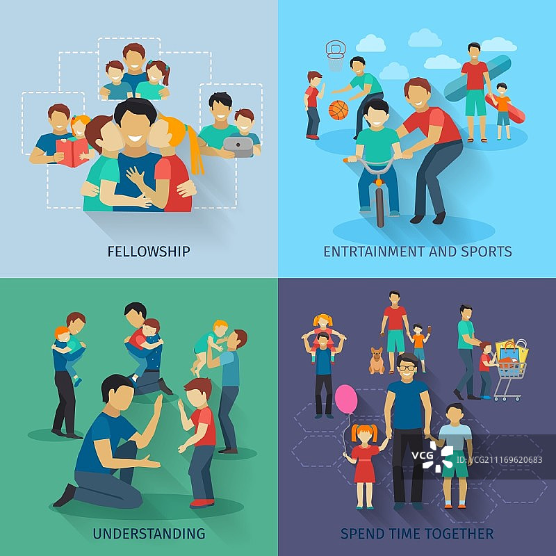 父亲形象扁平合集：包含友谊、运动和娱乐等设计概念图片素材