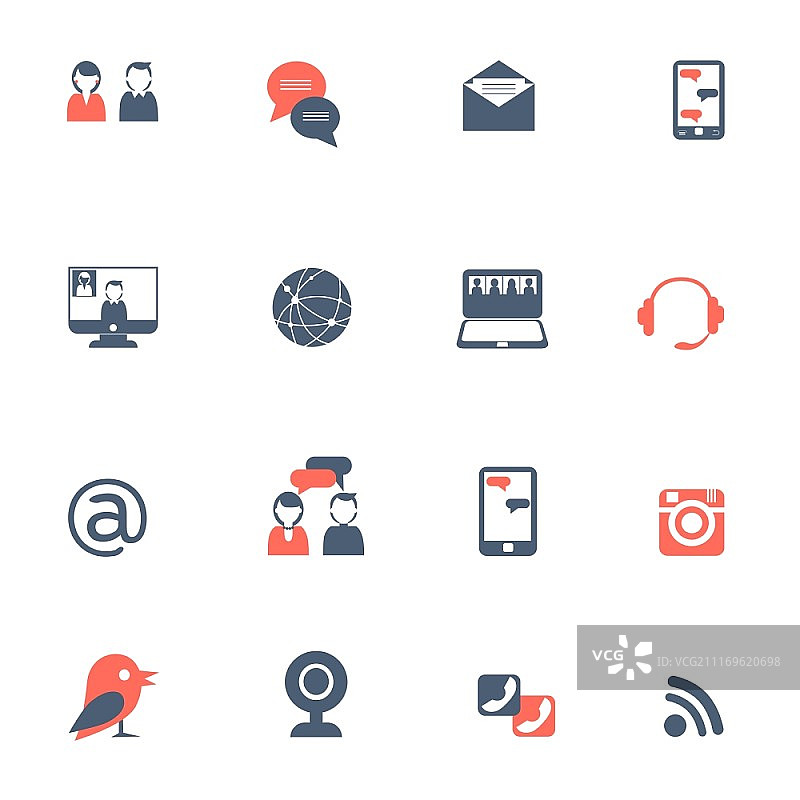 使用笔记本电脑和智能手机进行社交网络和在线交流的黑红色图标集扁平隔离矢量图。社交网络黑红色图标集图片素材