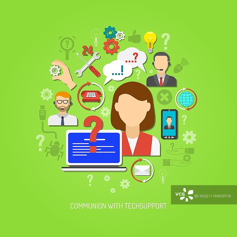 具有扁平化操作员肖像和问题解决图标的科技支持概念矢量图图片素材