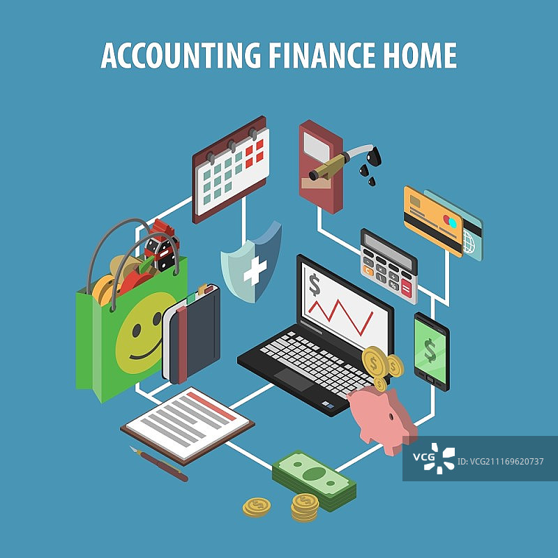 等距视角家庭银行和个人理财概念，含会计和投资图标矢量插画图片素材