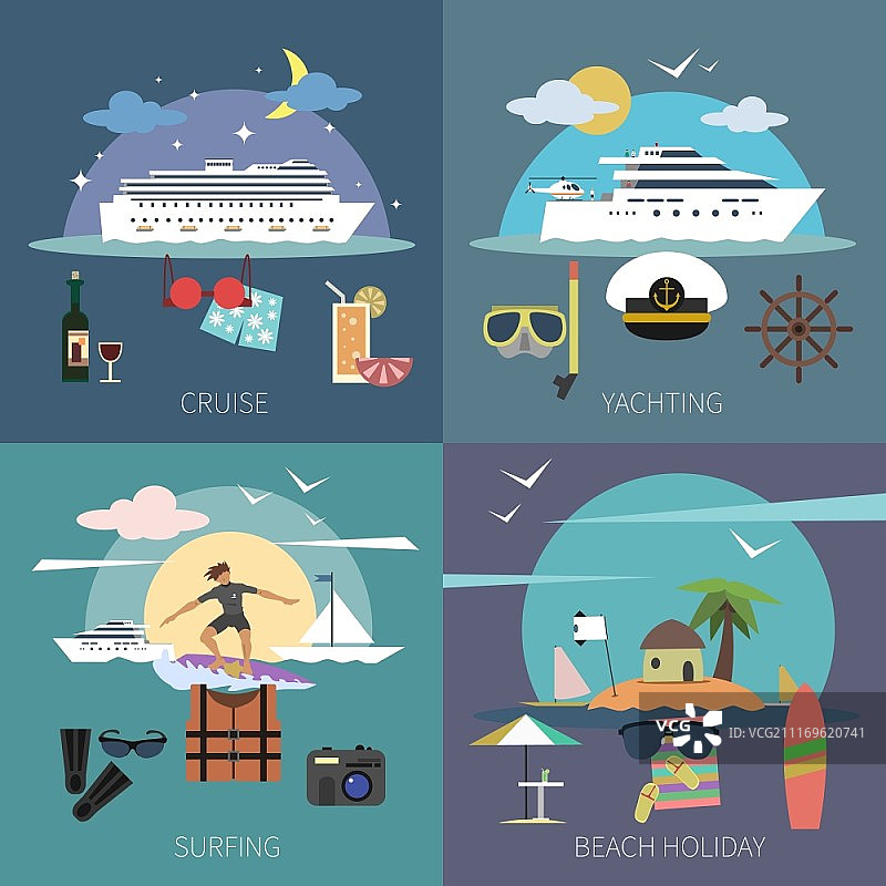 船舶设计概念集，包含巡航游艇冲浪海滩度假扁平风格图标矢量素材。船舶扁平素材集图片素材