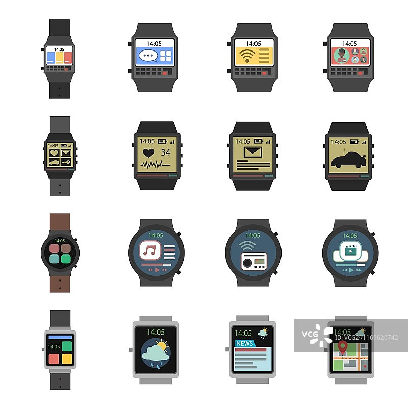 智能手表现代电子设备图标扁平集隔离矢量图。智能手表图标扁平图片素材