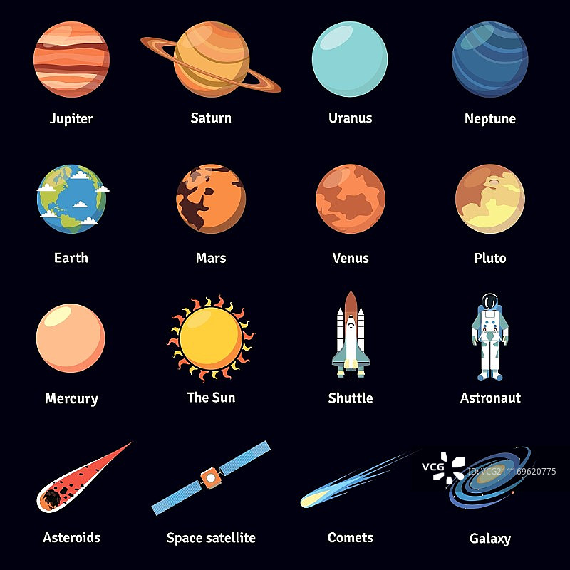 彩色宇宙图标集，黑色背景孤立矢量插图图片素材