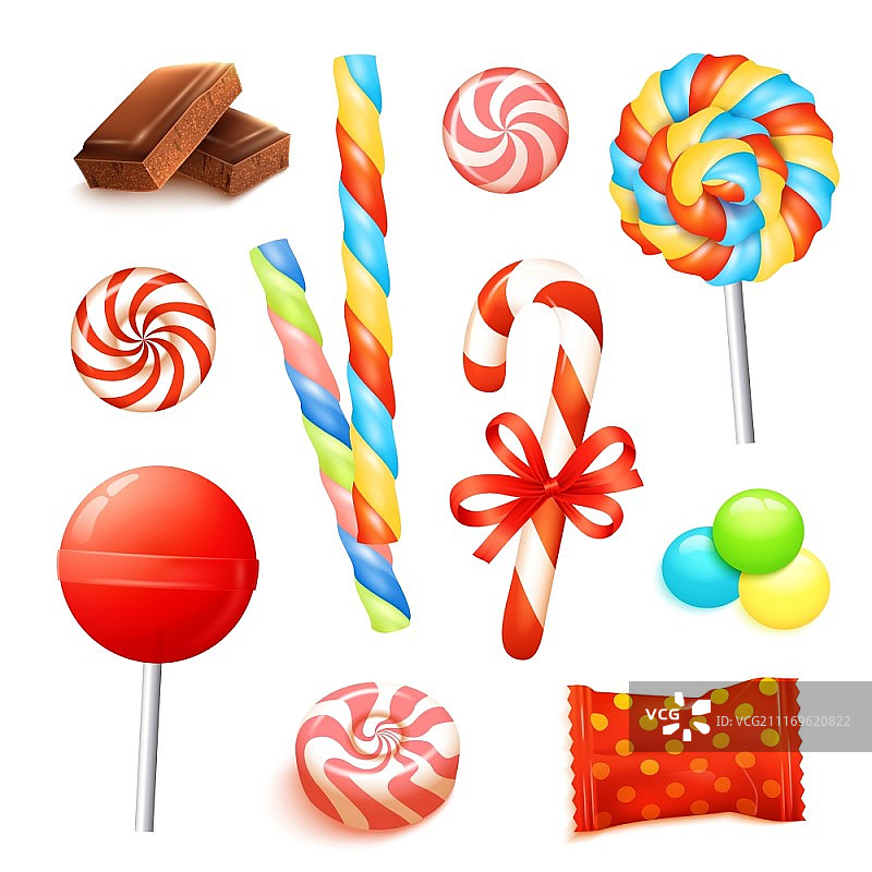 糖果和甜点组合与逼真的巧克力图标隔离矢量插图图片素材