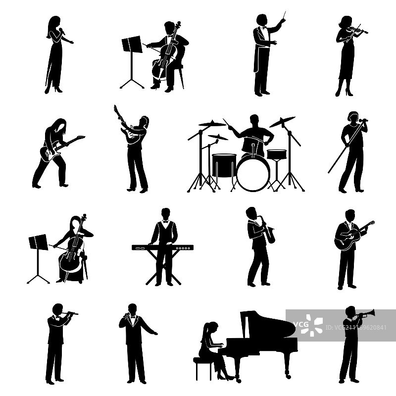 摇滚和古典音乐家黑色剪影图标矢量图图片素材