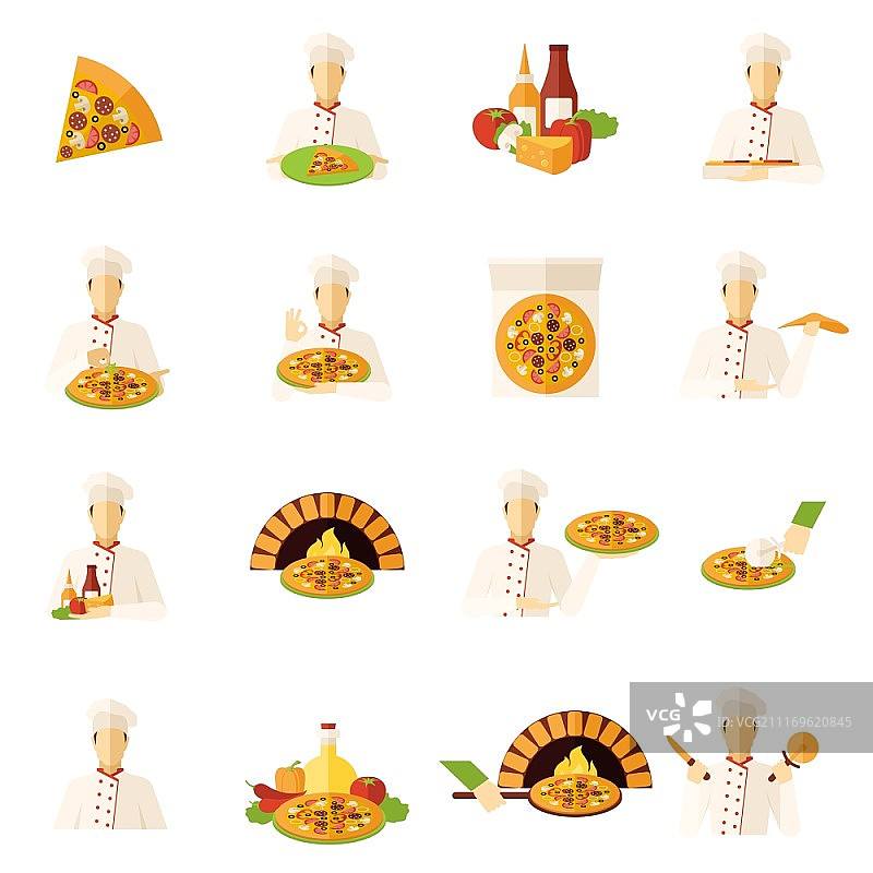 披萨制作师扁平图标集：食品和厨房矢量素材图片素材
