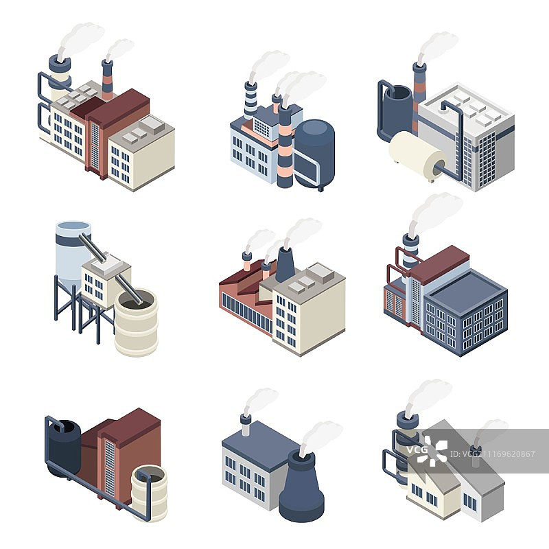 工业建筑等距图标集：3D工厂矢量素材图片素材
