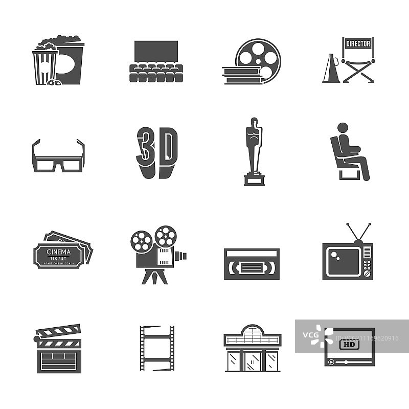 复古电影黑色图标合集：电影制作和电影院放映机矢量图图片素材