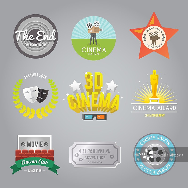 电影标签合集，电影俱乐部3D电影节获奖复古风格标签，抽象矢量图图片素材