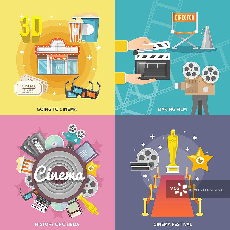 电影院主题扁平化图标方形组合：电影节、电影院入口等图片素材