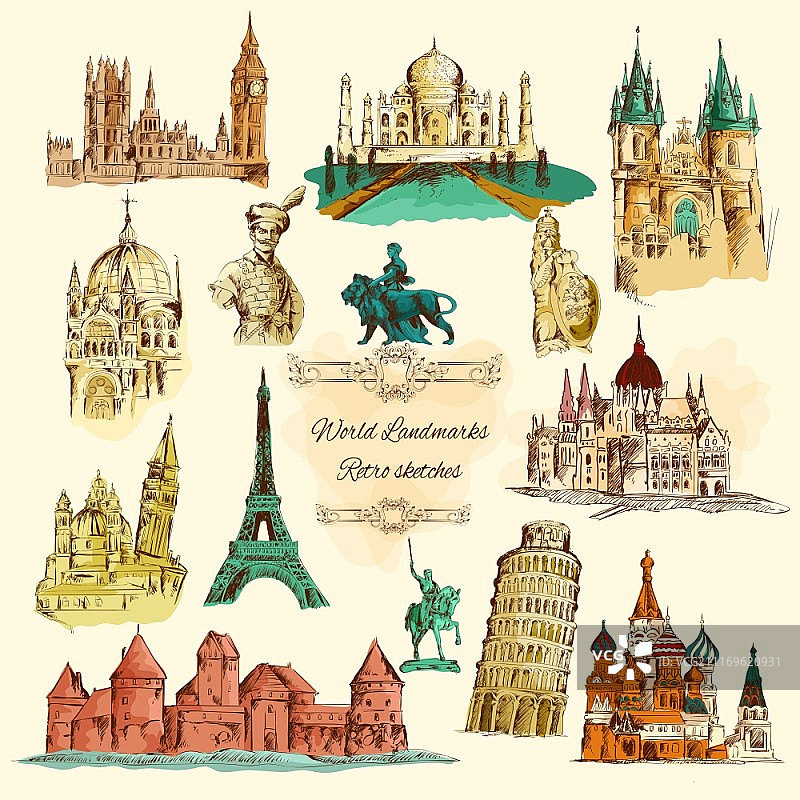 世界地标素描复古图标合集。世界地标素描彩色复古图标合集隔离矢量插画图片素材