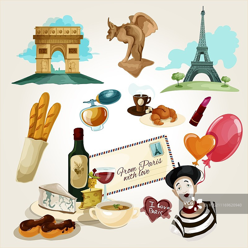 巴黎旅游元素卡通集：法棍、葡萄酒、羊角包和葡萄酒瓶矢量图图片素材