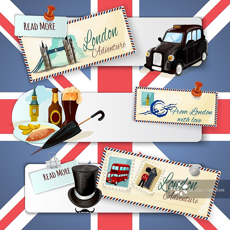 伦敦横幅：交通建筑卡通元素和明信片，旗帜背景矢量图。伦敦旅游横幅套装图片素材