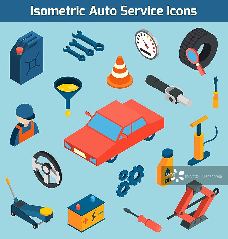 汽车服务2.5D图标集：工具、耗材和备件矢量图图片素材
