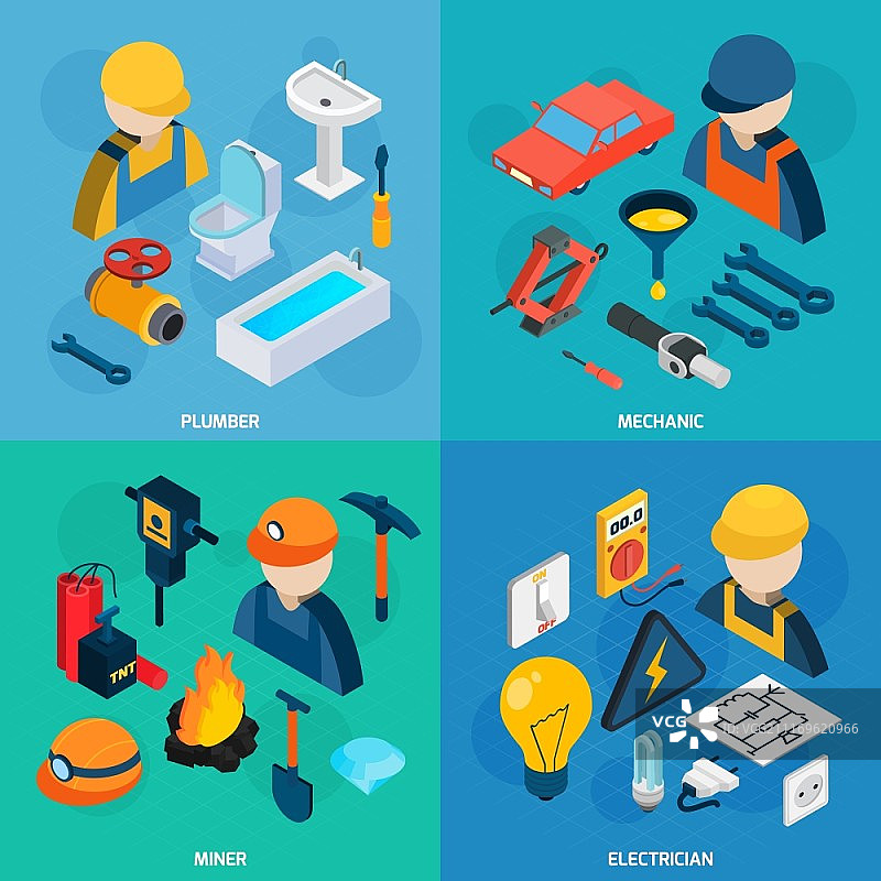 技术职业等距图标集：水管工、机械师、电工和矿工与工具等距图标集孤立矢量图图片素材