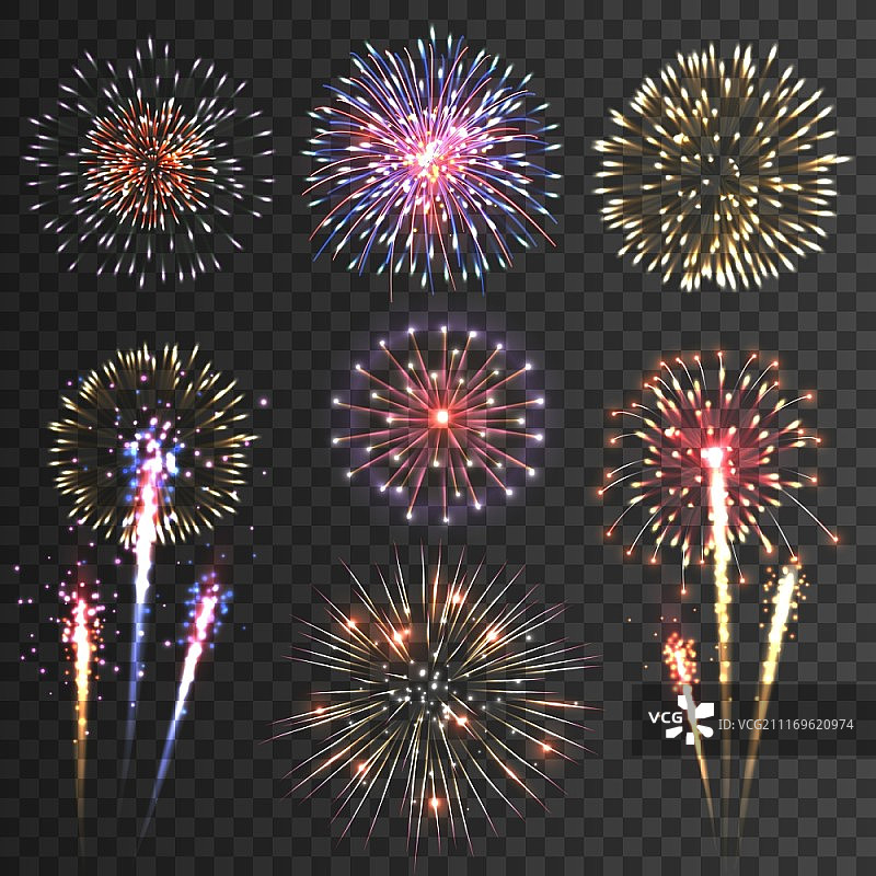 黑色背景烟花图案，各种形状的节日烟花在黑色背景下绽放矢量图图片素材