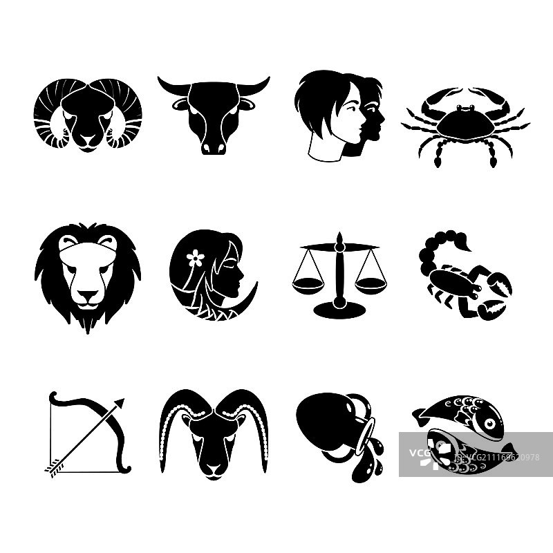 黑色十二星座标志图标集：每日星座抽象矢量图图片素材
