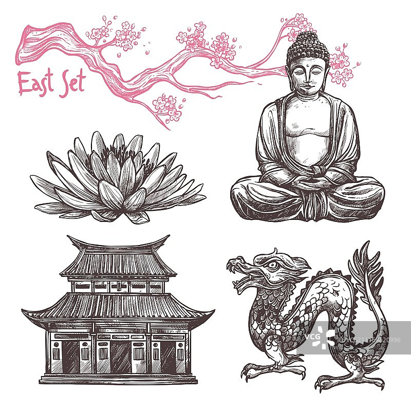 含莲花、佛、龙、樱花枝的亚洲素描图案，矢量图图片素材