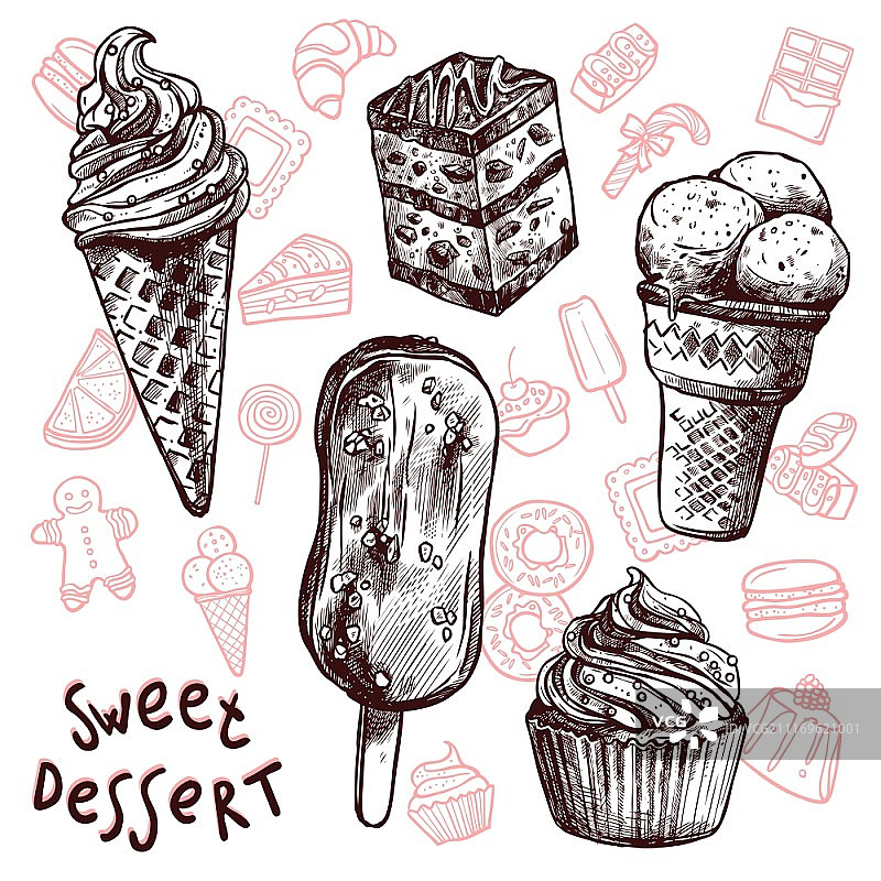 冰淇淋和蛋糕甜点速写矢量图图片素材