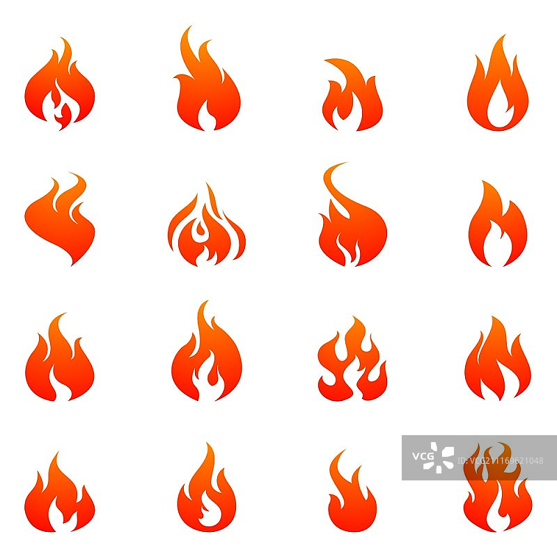 火焰扁平图标集。红色和橙色火焰轮廓扁平图标集隔离矢量图图片素材