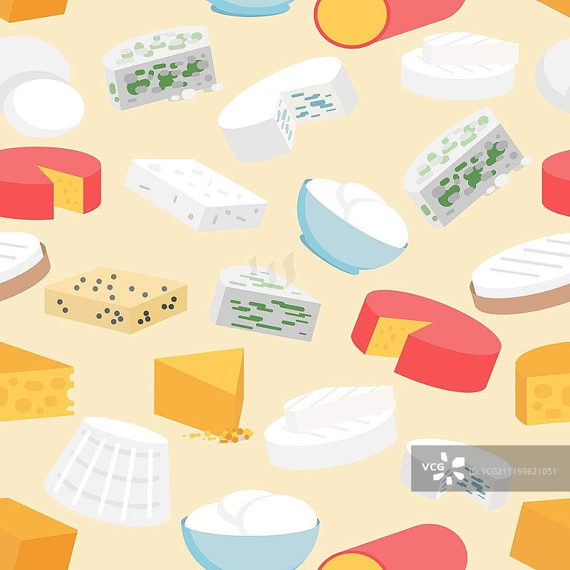 切达、马苏里拉、高达、卡门贝尔芝士无缝平铺图案矢量图图片素材