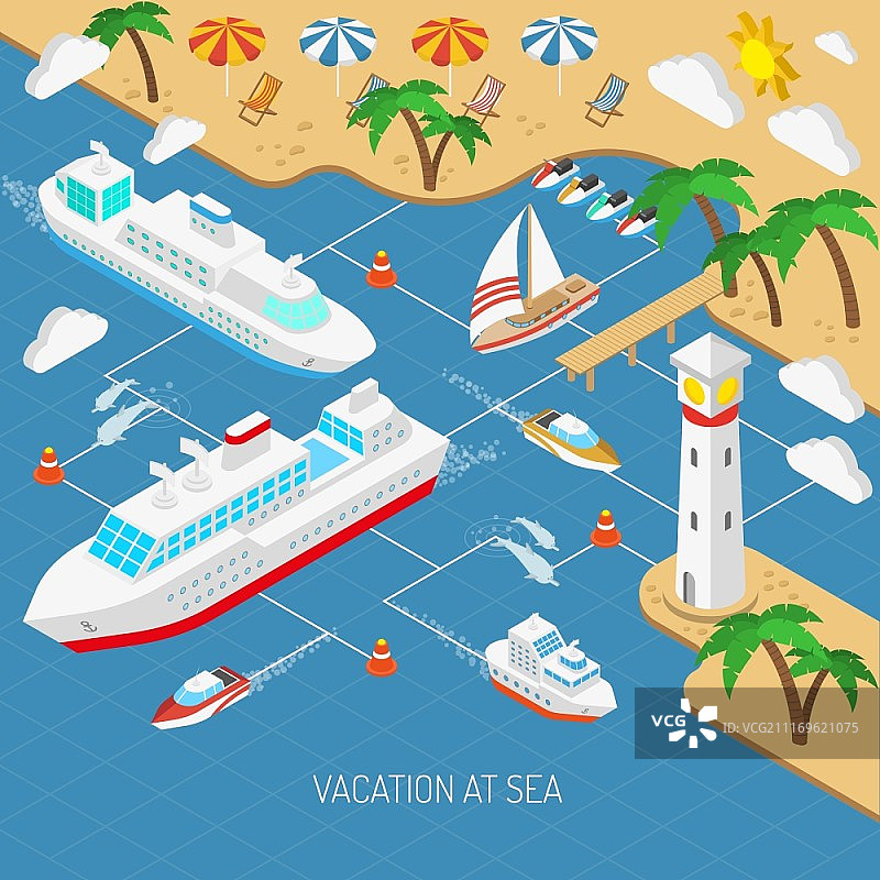 海滩遮阳伞躺椅棕榈树的2.5D海洋度假概念矢量插画图片素材