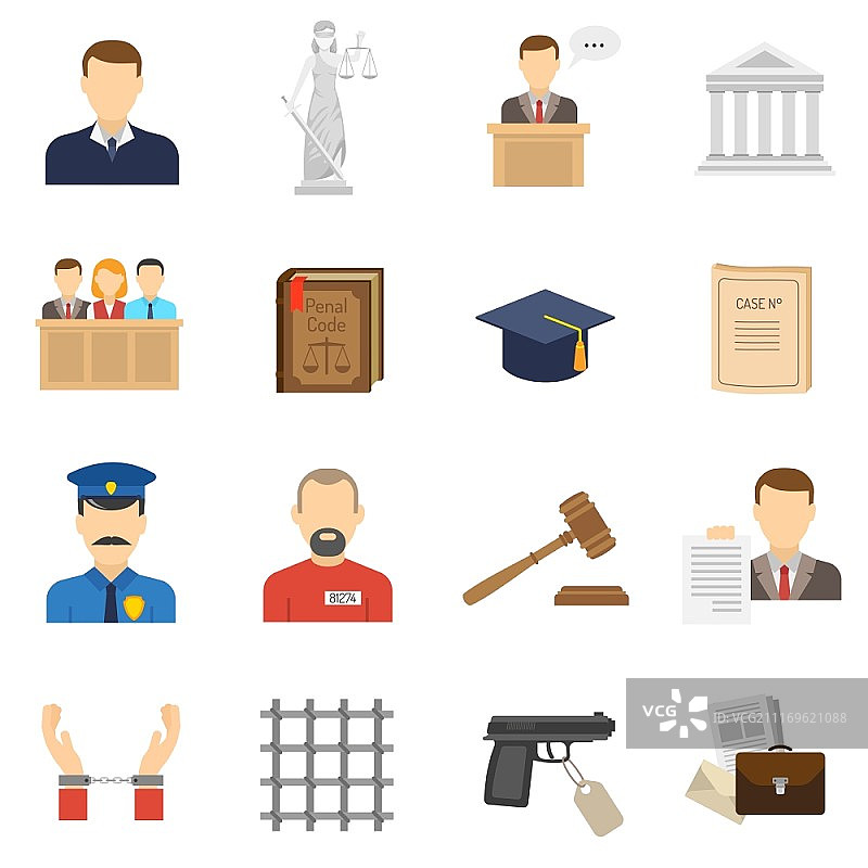 正义扁平图标集：包含正义女神和证人举证的刑事案件程序扁平图标抽象矢量插图图片素材