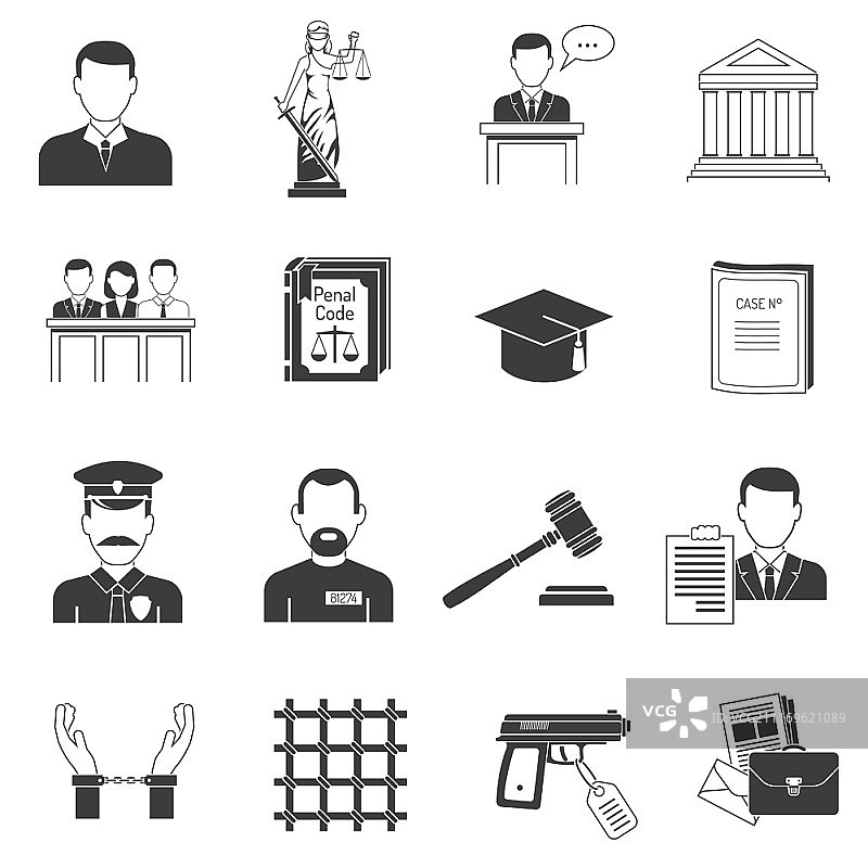 正义黑色图标集。法律正义口头流程黑色图标集，包含陪审团惩罚和戴手铐的罪犯抽象孤立矢量图示图片素材