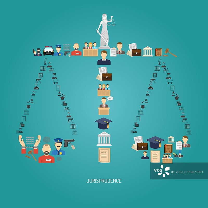 天平形状的法律图标正义概念扁平矢量插图。正义概念扁平图片素材