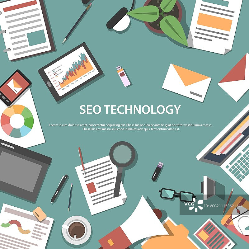 搜索引擎优化互联网技术Web概念，象形图组合网页海报，扁平抽象矢量图。搜索引擎优化Web概念图片素材
