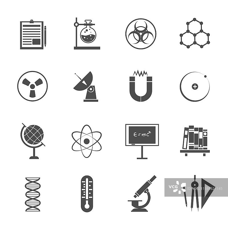 生物物理实验科学实验室研究黑色图标集：含DNA分子模型图抽象隔离矢量图。黑色科学图标集图片素材