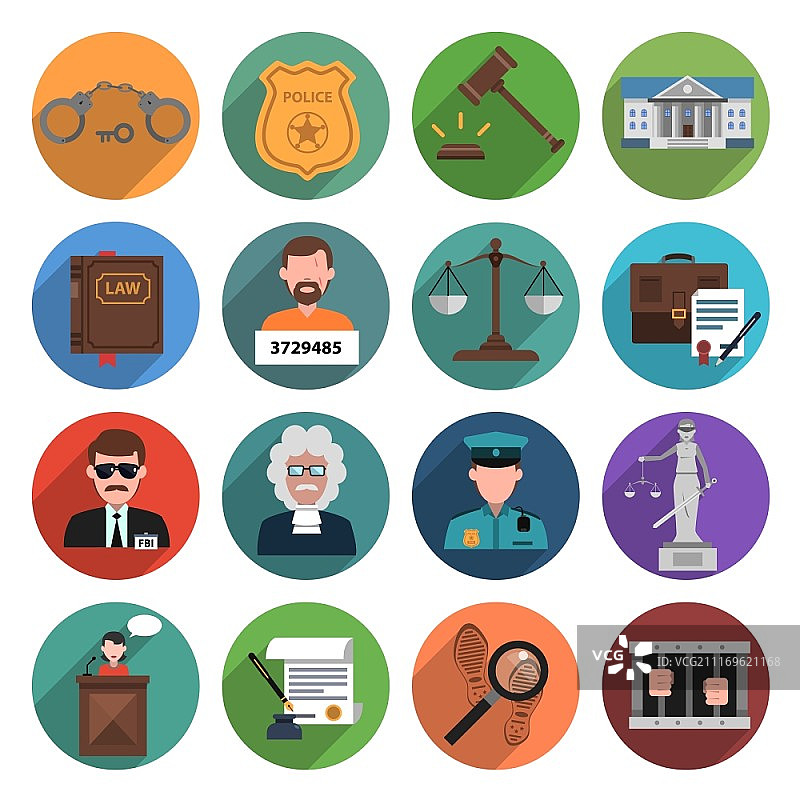 法律图标扁平集，包含手铐、律师、天平和木槌的隔离矢量图。法律图标扁平图片素材