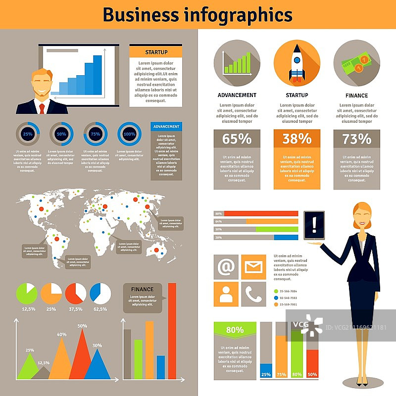 商务信息图表扁平banner海报：关于新业务初创项目的统计信息图表图片素材