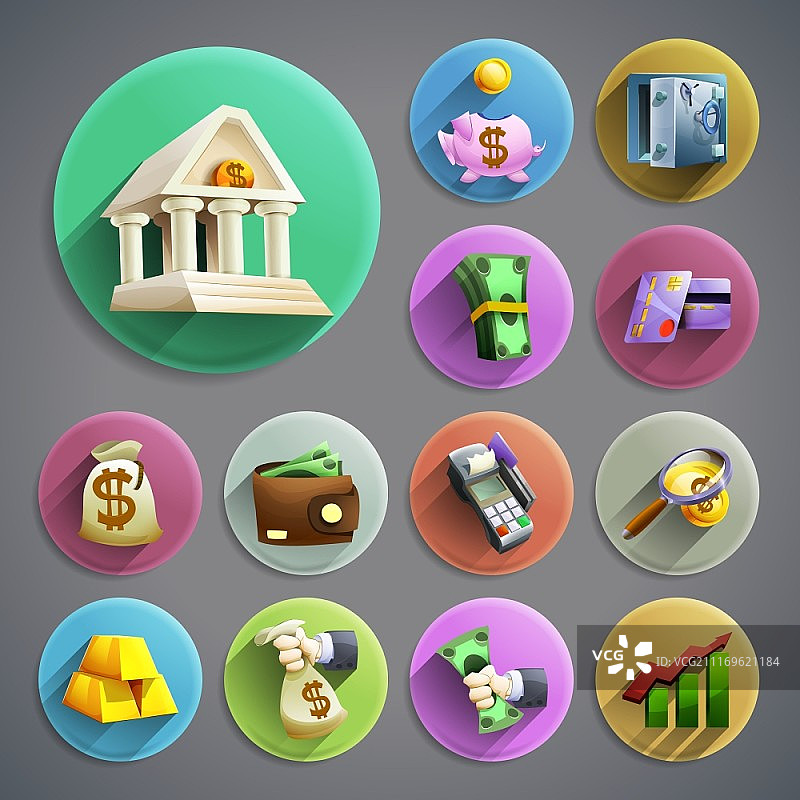 银行图标集：具有现金和信用卡的卡通圆形银行商务图标，灰色背景阴影隔离矢量图图片素材