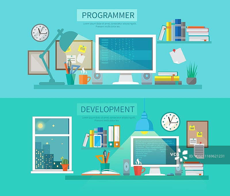 工作区banner：包含程序员和开发元素的水平banner图片素材