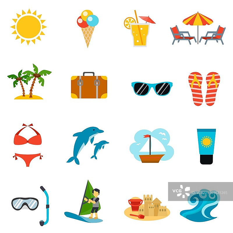 夏季图标集：包含手提箱、太阳镜和海滩的夏季和假期图标集扁平隔离矢量图图片素材