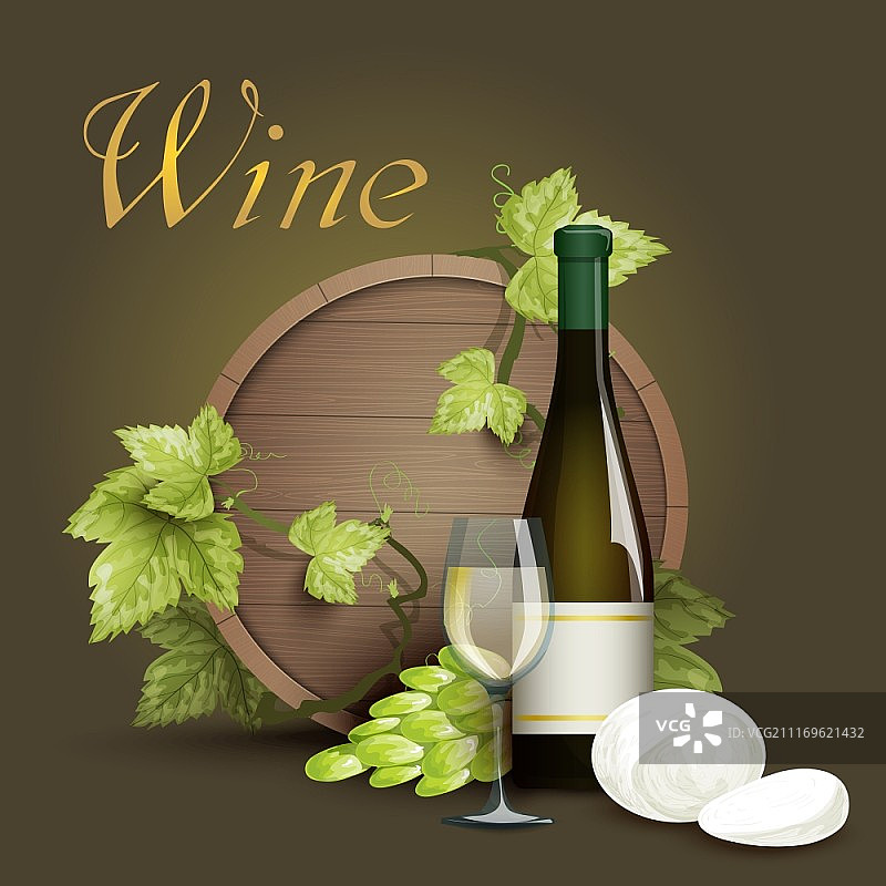 深色背景装饰海报上的葡萄酒瓶、酒杯、橡木桶和葡萄藤元素抽象矢量图，葡萄酒瓶和橡木桶背景图片素材