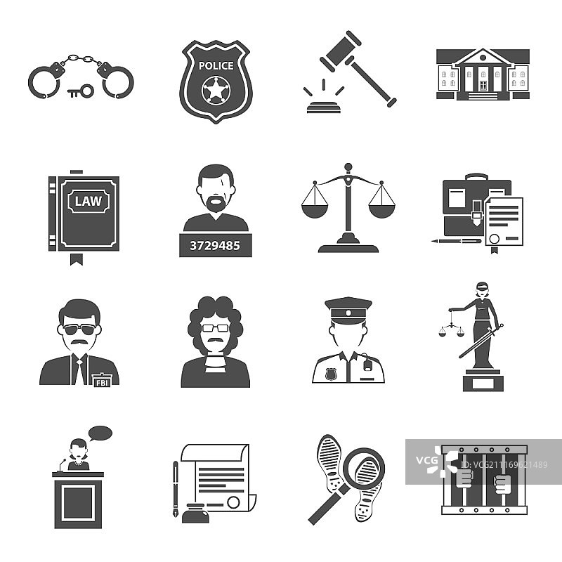 律师事务所、法院、法官相关黑色扁平图标矢量图图片素材