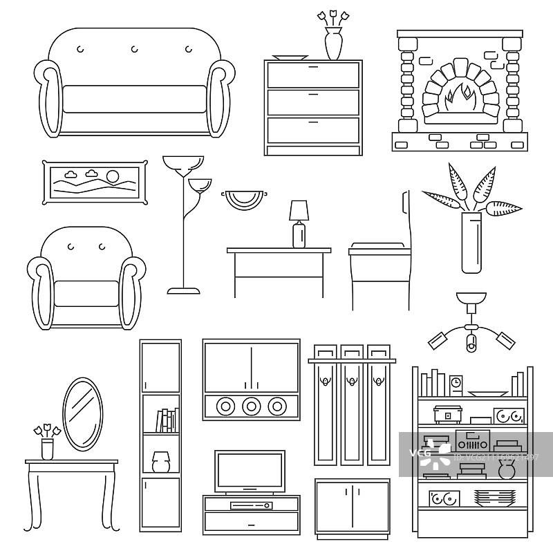 包含椅子桌子灯的室内家具线性图标集矢量图图片素材