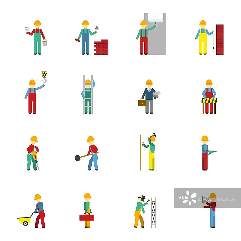 建筑工人、焊工、泥瓦匠、工程师扁平图标图片素材
