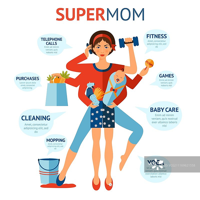 多任务超级妈妈概念：手抱婴儿和家务物品的女性矢量图图片素材
